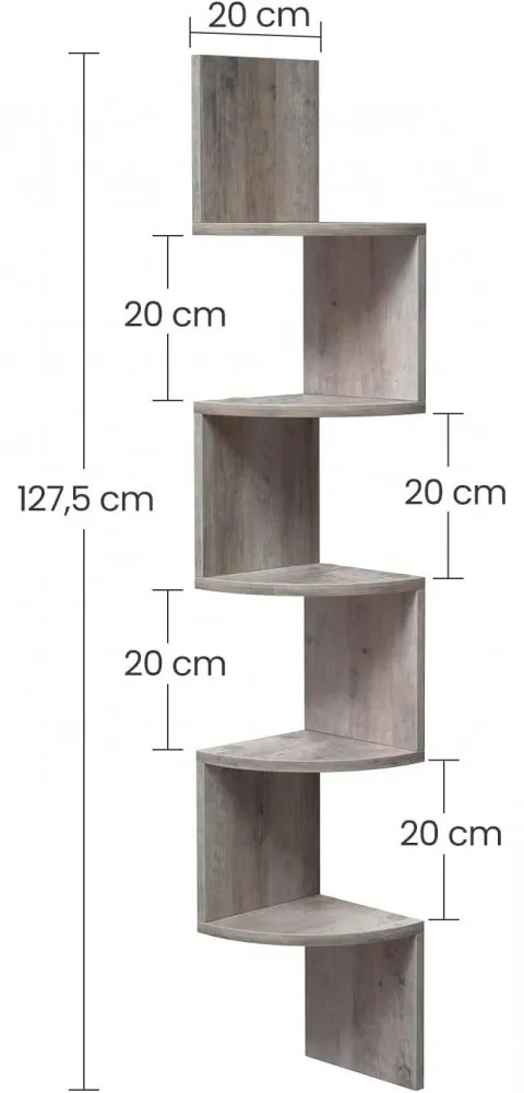 Sarokpolc 5 szintes lebegő fali polc, greige 20x20x127cm