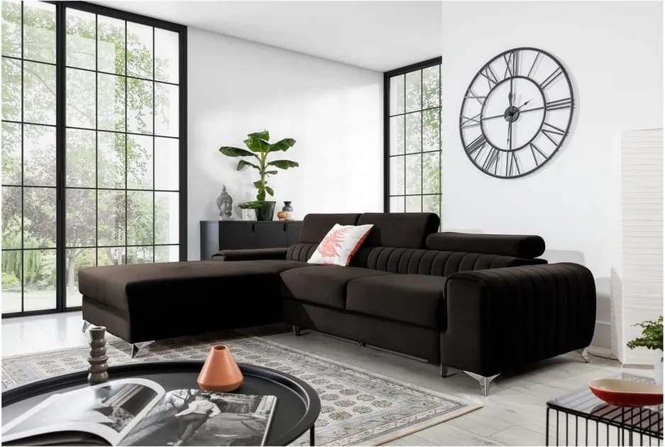 Sötétbarna bársony kinyitható-tárolóhelyes sarokkanapé (bal oldali-heverő résszel) Grayson – ELTAP