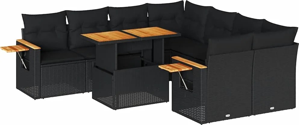 vidaXL 9 részes fekete polyrattan akácfa kerti ülőgarnitúra párnákkal