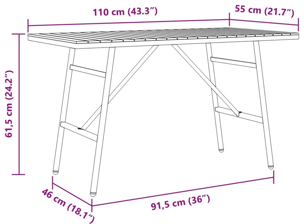 Étkezőasztal - Fekete, 110x55x62 cm, Tömör akácfából