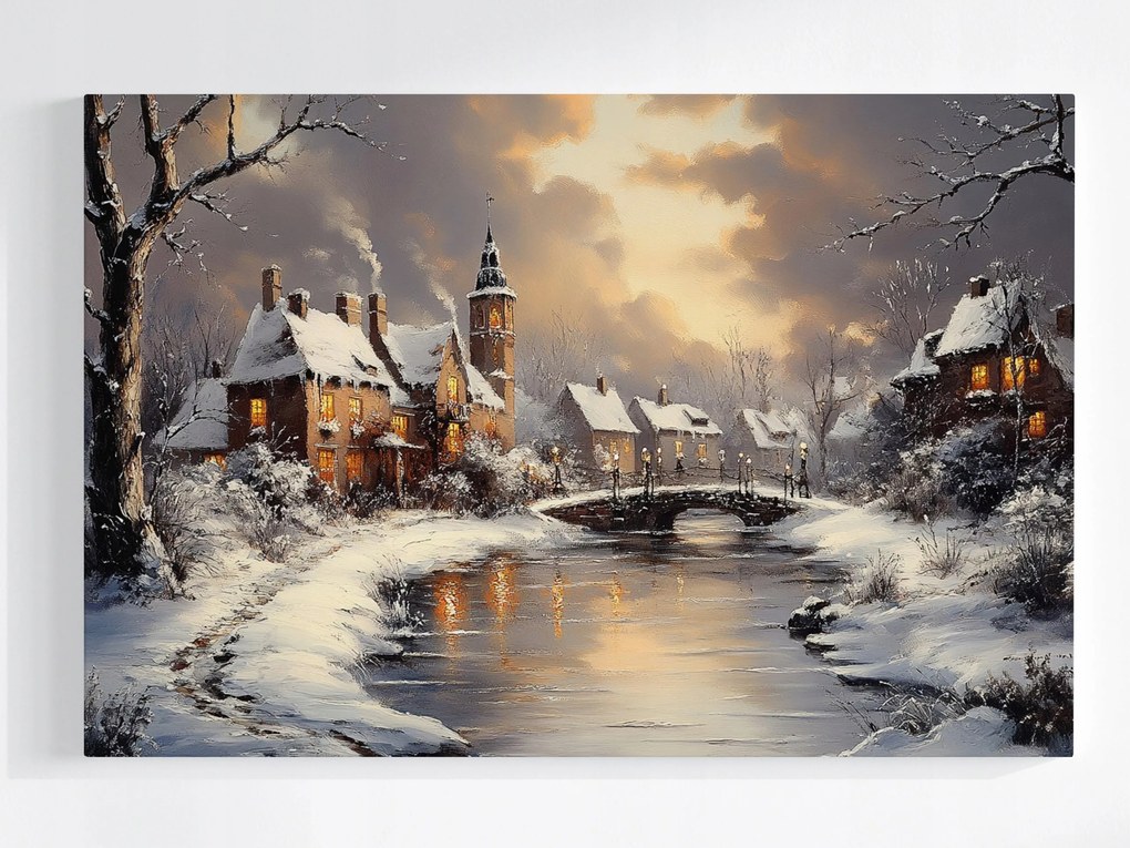 Poszter Tájkép Város Folyó Házak Tél Hó Híd 60x40