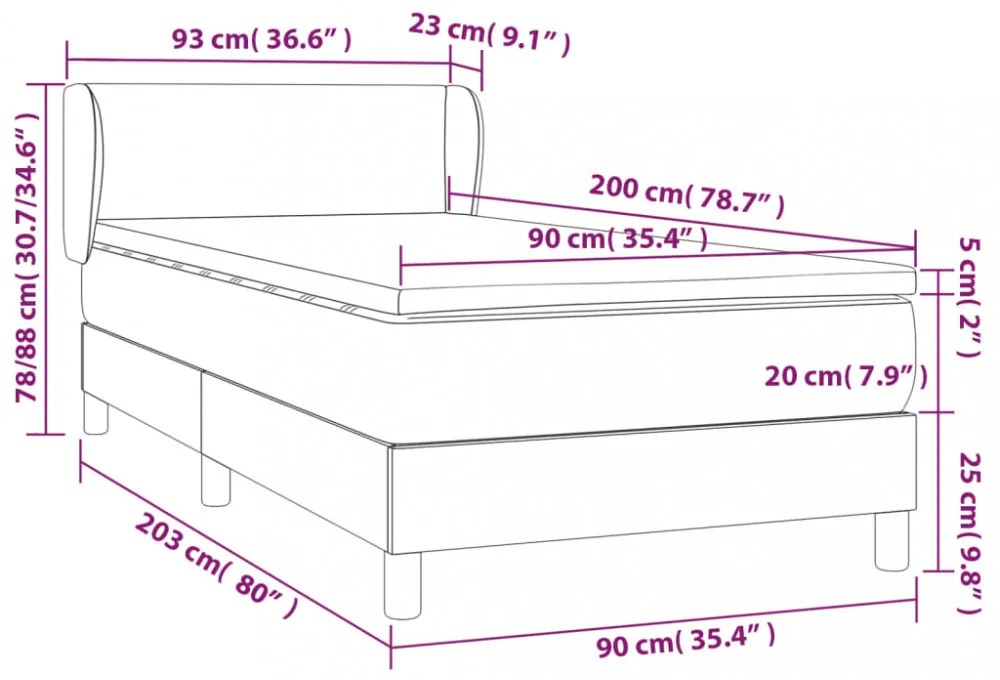 sötétszürke bársony rugós ágy matraccal 90 x 200 cm