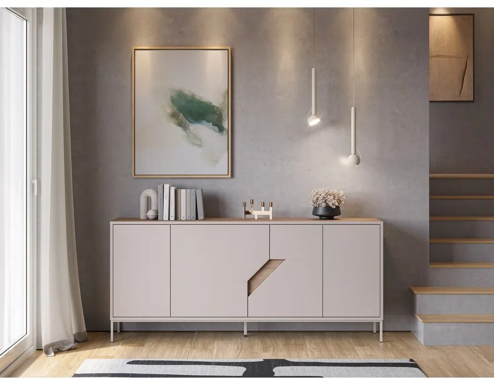 Krémszínű-natúr színű komód tölgyfa dekorral 180x80x40 cm Lilou – Marckeric