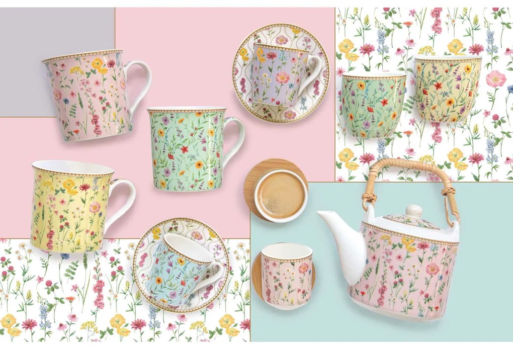 Virágos porcelán teáskanna szűrővel és pohárral szett Coffee Mania Meadow Flowers