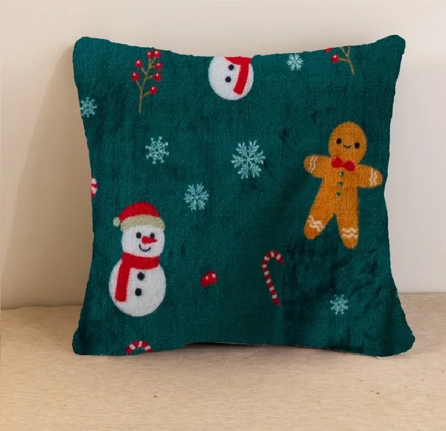 SNOWMAN AND GINGERBREAD mikroplüss párnahuzat 45x45 cm, zöld