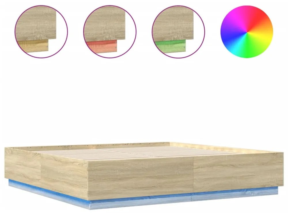 sonoma tölgy színű szerelt fa ágykeret LED-del 200 x 200 cm