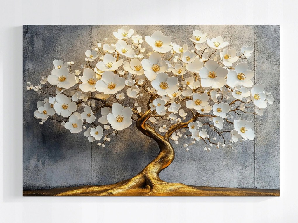Poszter Arany Fa Glamour Fehér Virágok Dekoráció 60x40