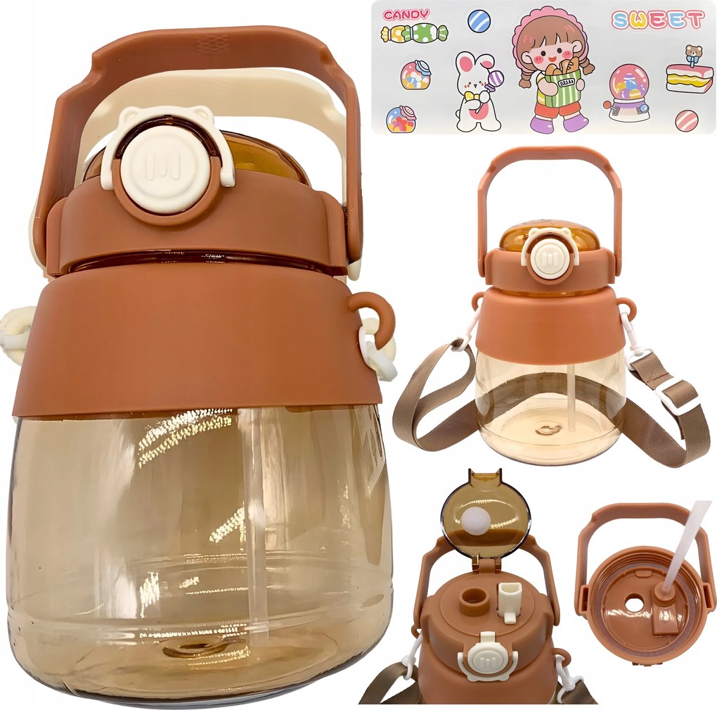 Kulacs 1L-es vizes palack szívószállal és pórázzal matricák gyerekeknek Barna