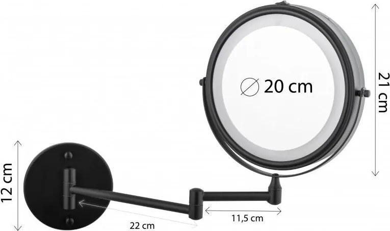 Erga Eda, LED megvilágítású sminktükör ø20 cm, fekete matt, ERG-YKA-CH.EDA-BLK