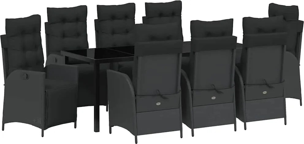 vidaXL Kert étkező szett párnával 9 pcs Fekete polirattan