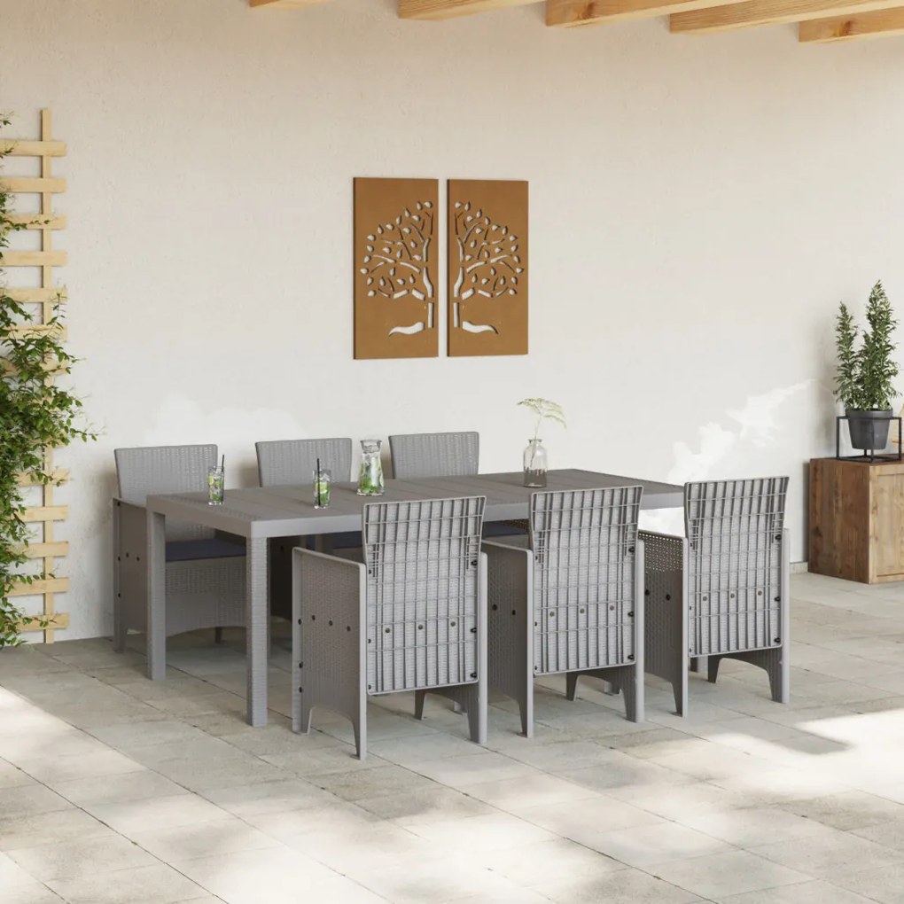 7 Fős Kerti Étkezőszett Párnákkal Világosszürke Polyrattan