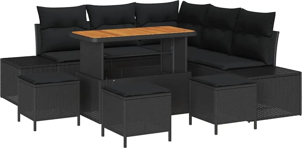 vidaXL Kerti Kanapé Szett párnával tárolóval 9 pcs Fekete Poli rattan