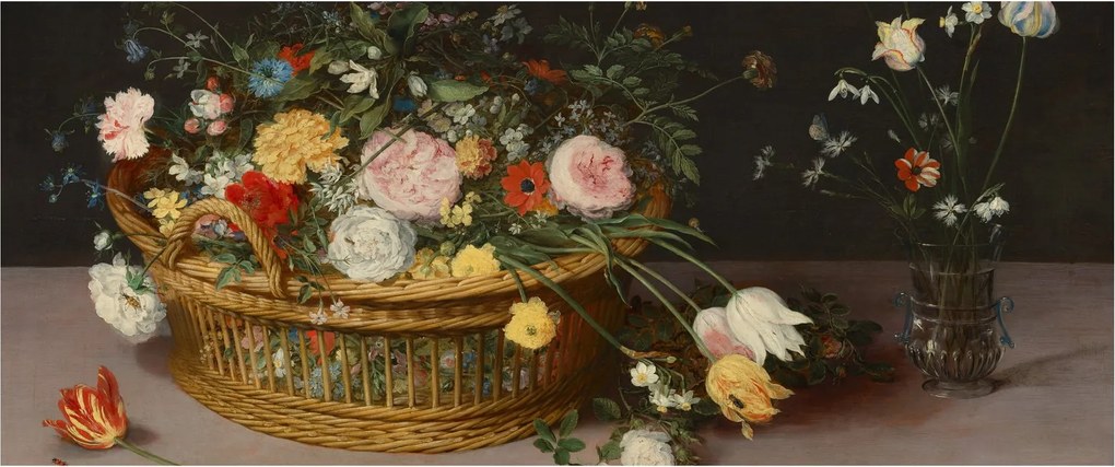 Kép - Jan Brueghel the Elder, Flowers in a Basket and a Vase, reprodukciók (120x50 cm)