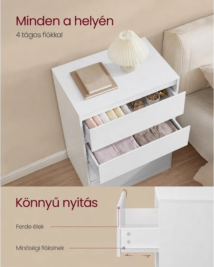 KAILYN kollekció - Modern komód, hófehér fiókos szekrény 4 fiókkal, 40 x 60 x 97,4 cm