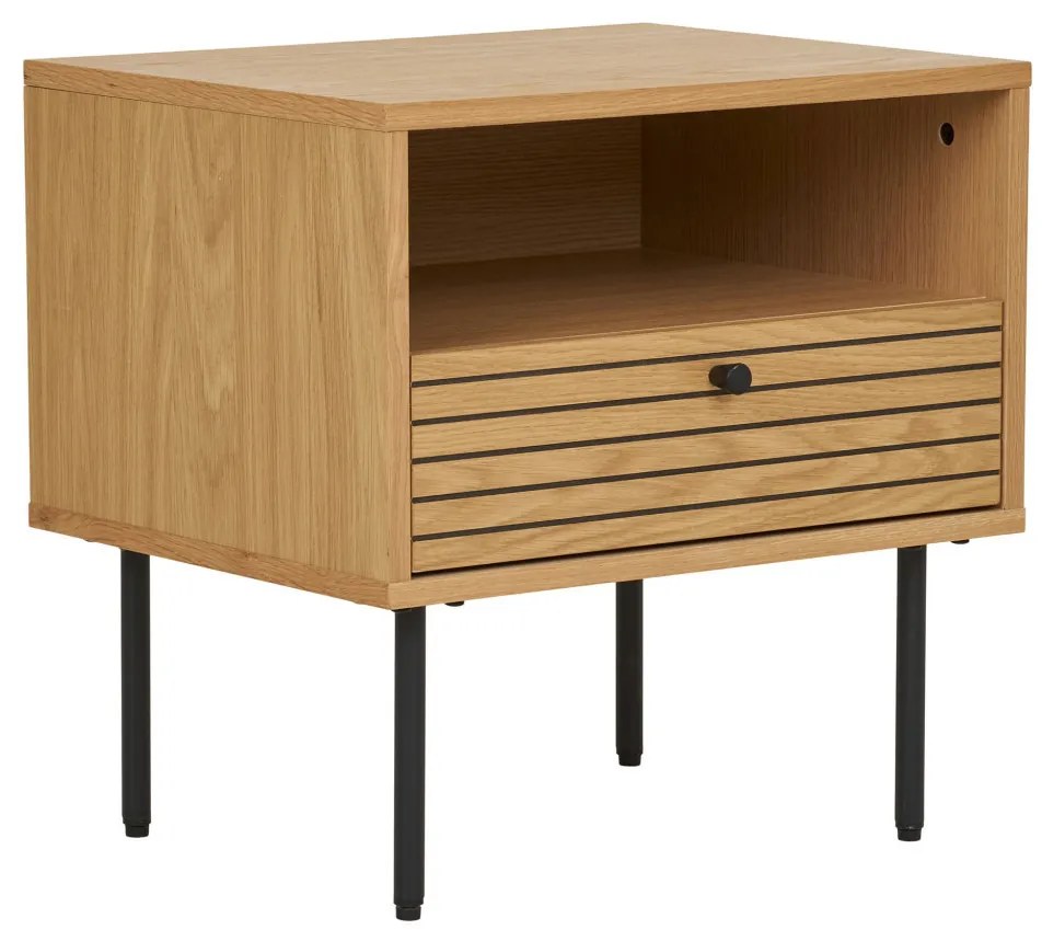 Kyoto lerakóasztal 1 fiókkal, tölgy furnér, natúr, fekete fém lábakkal, 50x40x50 cm