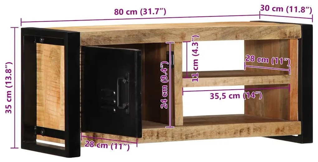 tömör nyers mangófa TV-szekrény 80x30x35 cm