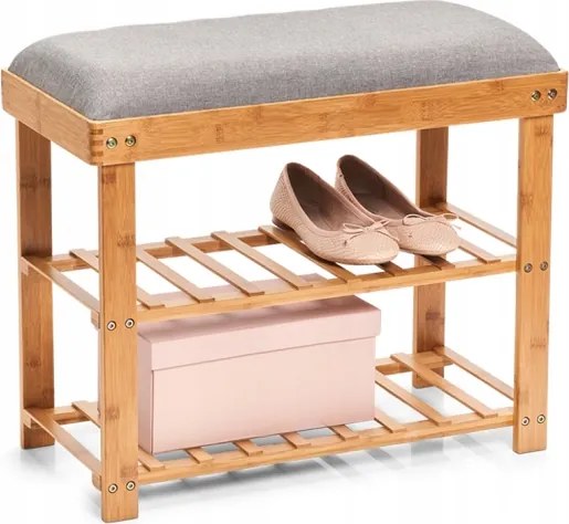 Bambusz cipősszekrény 2 polccal és ülőkével, szürke 60x29x50cm