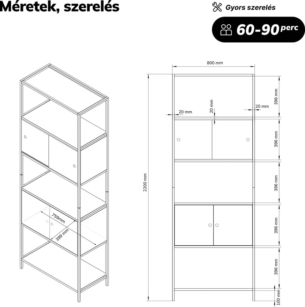 Iratrendező polc zárható szekrénnyel, irodai, nyitott polcok, fém antracit, 800x2200x400 mm: ARIEL