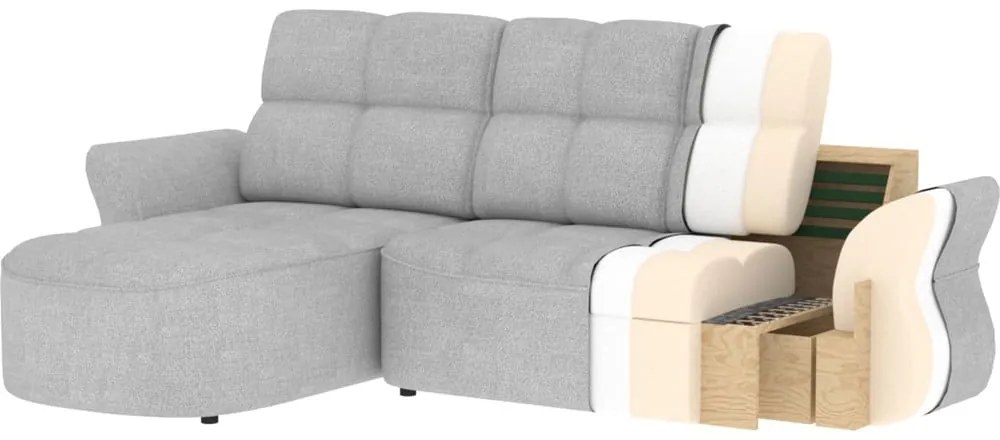 Bézs buklé kinyitható-tárolóhelyes sarokkanapé (bal oldali-heverő résszel) Beneth – ELTAP