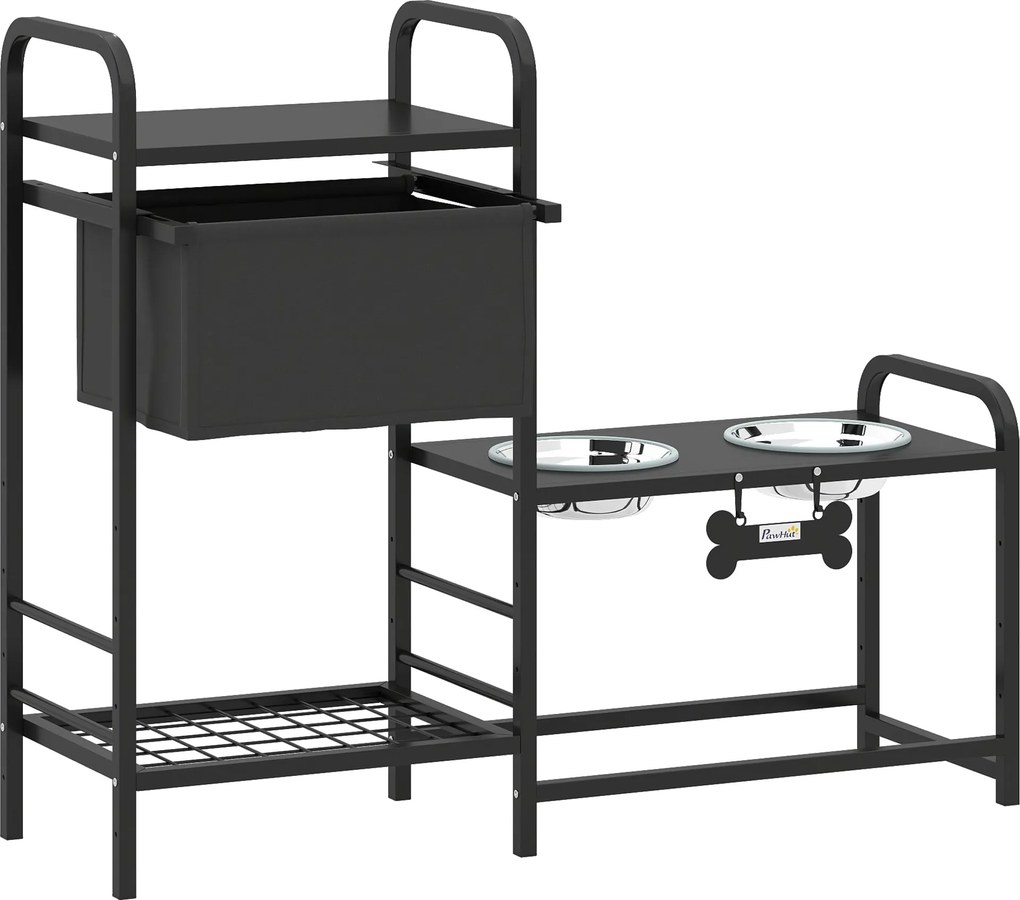 PawHut állítható magasságú emelt kutyaetető tárolóval — 2×800 ml rozsdamentes tál, kétszintes polc, fekete | Aosom