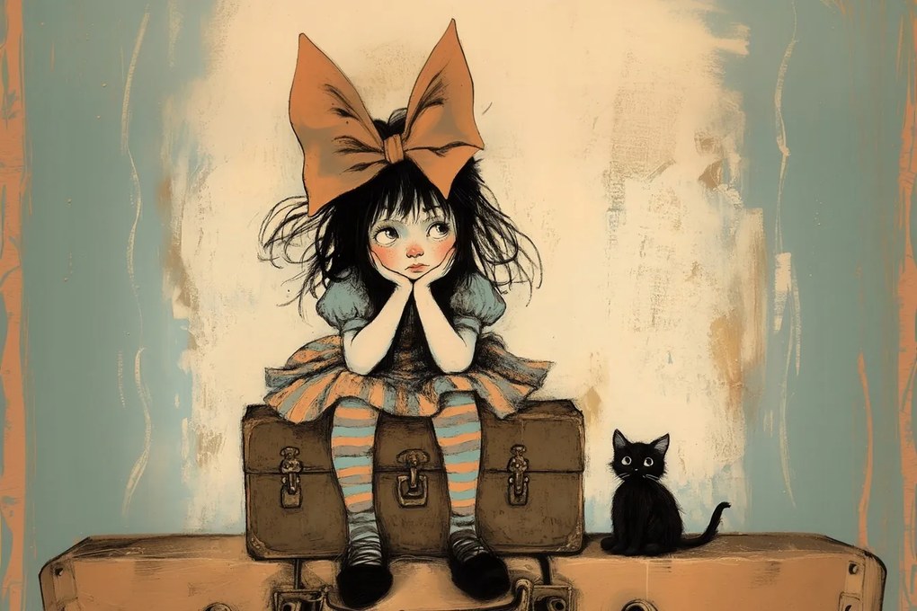 Canvas Vászonkép Lány Fekete Macska Bőrönd Retro Foch 120x80