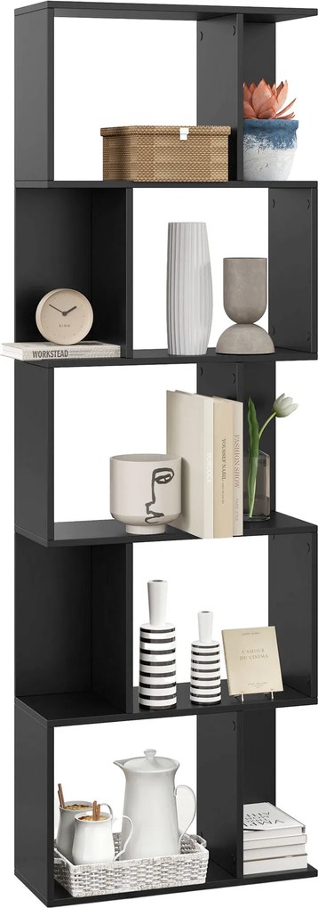 HOMCOM 5-rétegű S-alakú Fa Könyvespolc, Helytakarékos Könyvszekrény Nappaliba, Hálószobába és Irodába, 60x24x184,5 cm, Fekete | Aosom