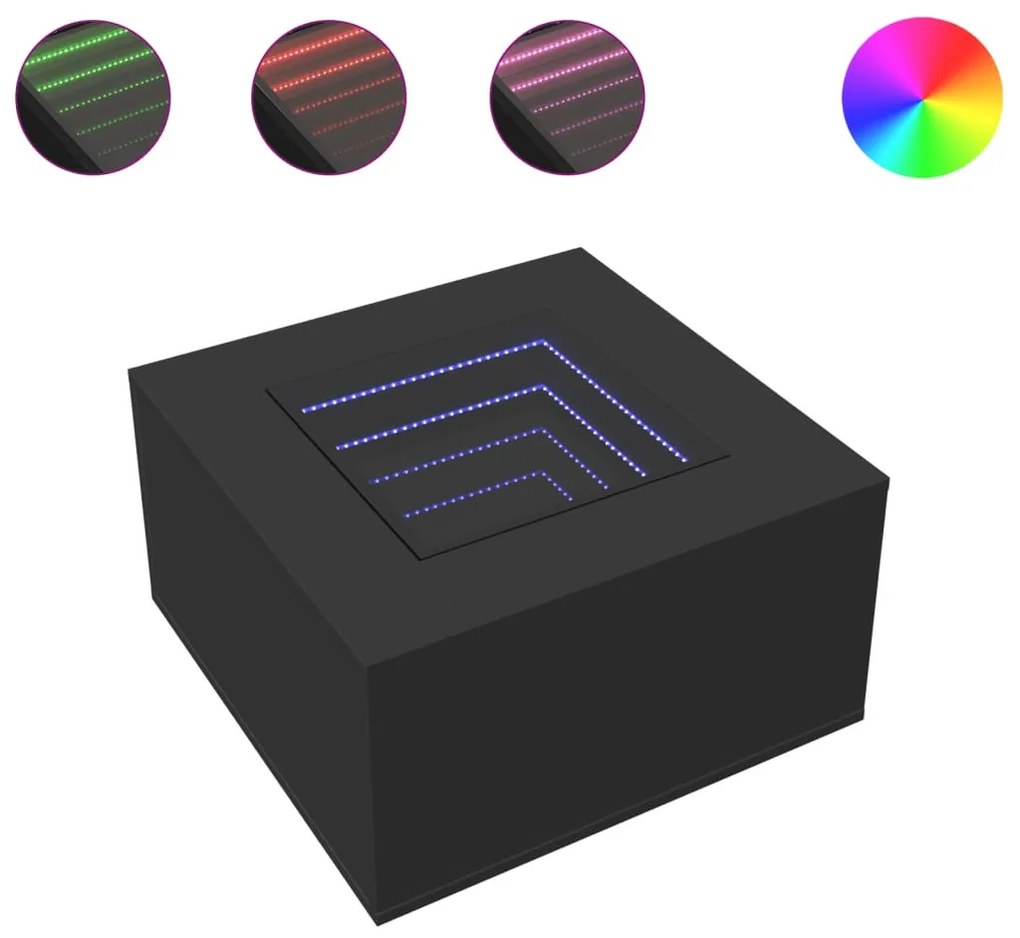 Fekete szerelt fa dohányzóasztal LED-lámpákkal 60 x 60 x 40 cm