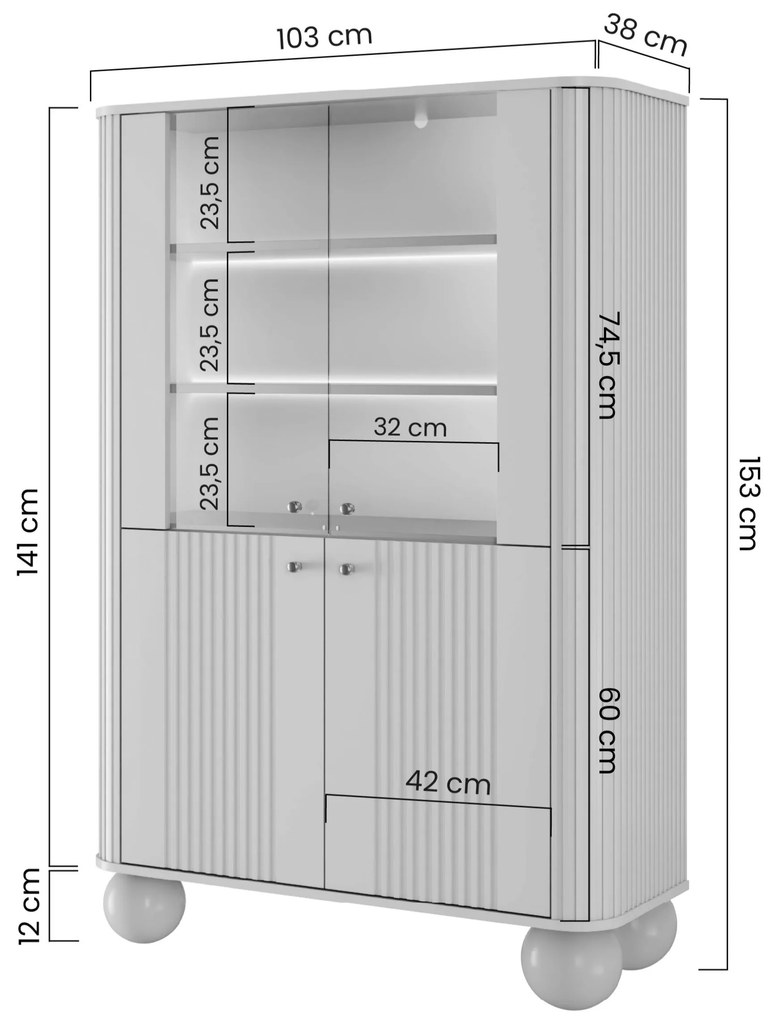 Vesper négyajtós vitrin 103 cm - kasmír / fekete fogantyúk / gömb alakú lábak