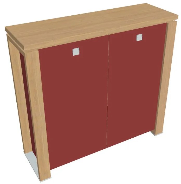 Verno+ S közepes szekrény 140 x 46 x 130 cm, üvegajtó, világos tölgy / piros