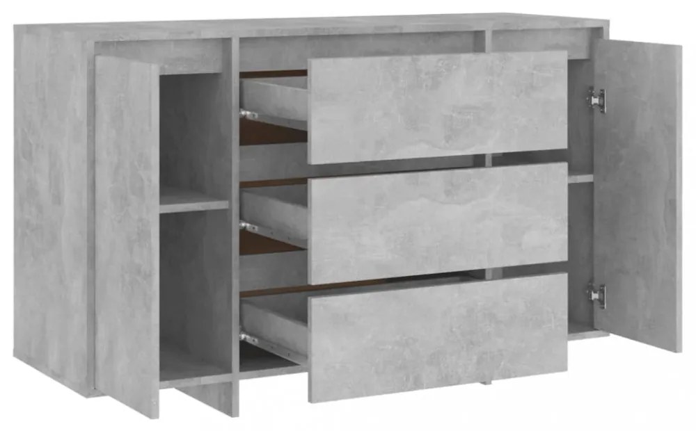 betonszürke szerelt fa tálalószekrény 3 fiókkal 120x41x75 cm