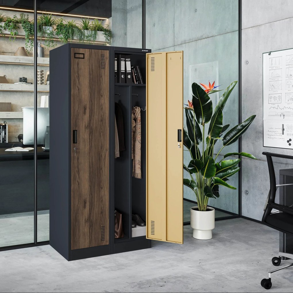 Pléh öltözőszekrény talpazaton, kétmodulos, polccal és köztes fallal KACPER, 800 x 1800 x 500 mm, Eco Design: antracit/ dió