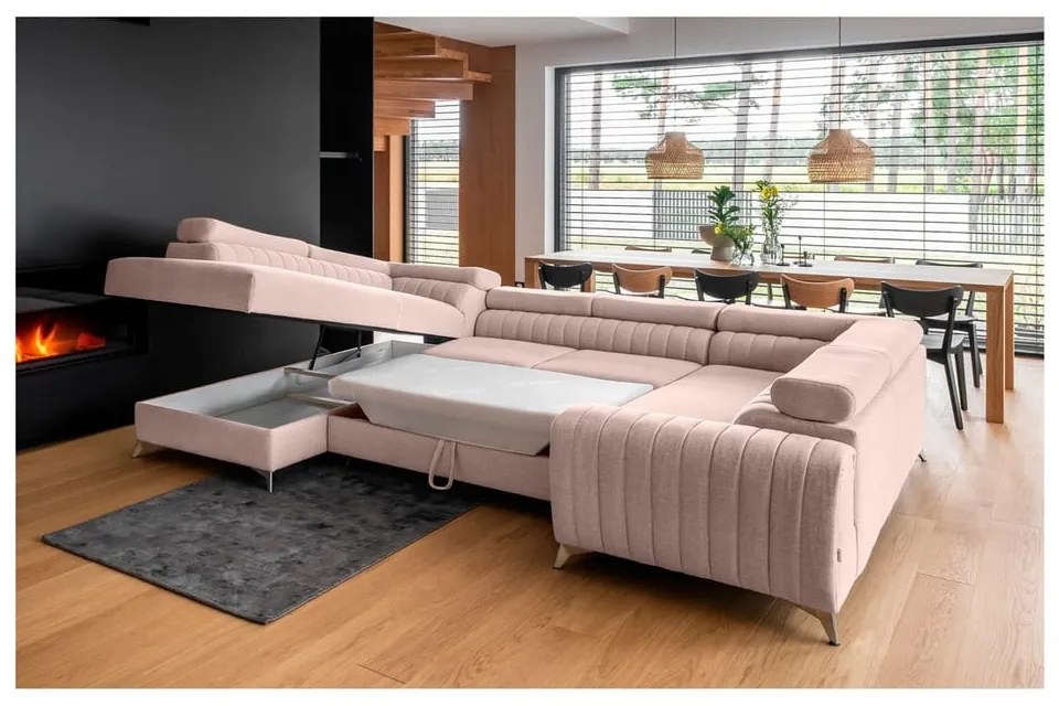 Rózsaszín kinyitható-tárolóhelyes sarokkanapé (bal oldali-U alakú) Louis – ELTAP