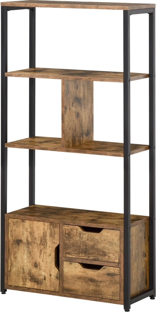 HOMCOM Rusztikus Barna Könyvespolc Szekrény és 2 Tároló Fiókkal Ipari Stílusú Könyvespolc 58x24x122 cm | Aosom