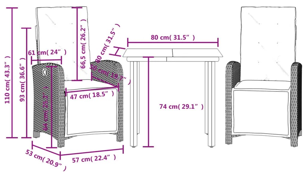 vidaXL 3 részes bézs polyrattan bisztrógarnitúra párnával