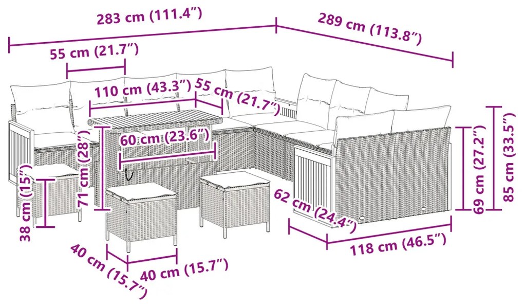 14 db-os kerti kanapé szett párnákkal, fekete polirattan, akáccal, 2 személyes kerti kanapé párnákkal, fekete polirattan, 4 db-os kerti étkezős szett párnákkal, fekete polirattan, akáccal