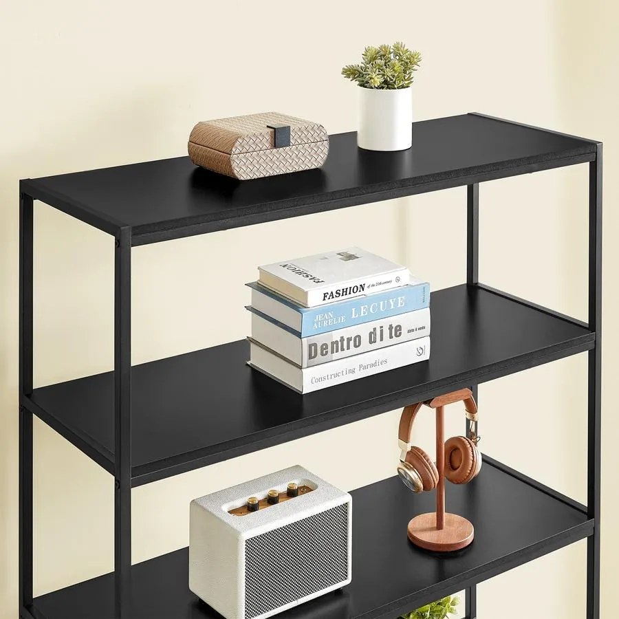 Könyvespolc, 4 szintes polc fekete fémkerettel,barna ajtóval