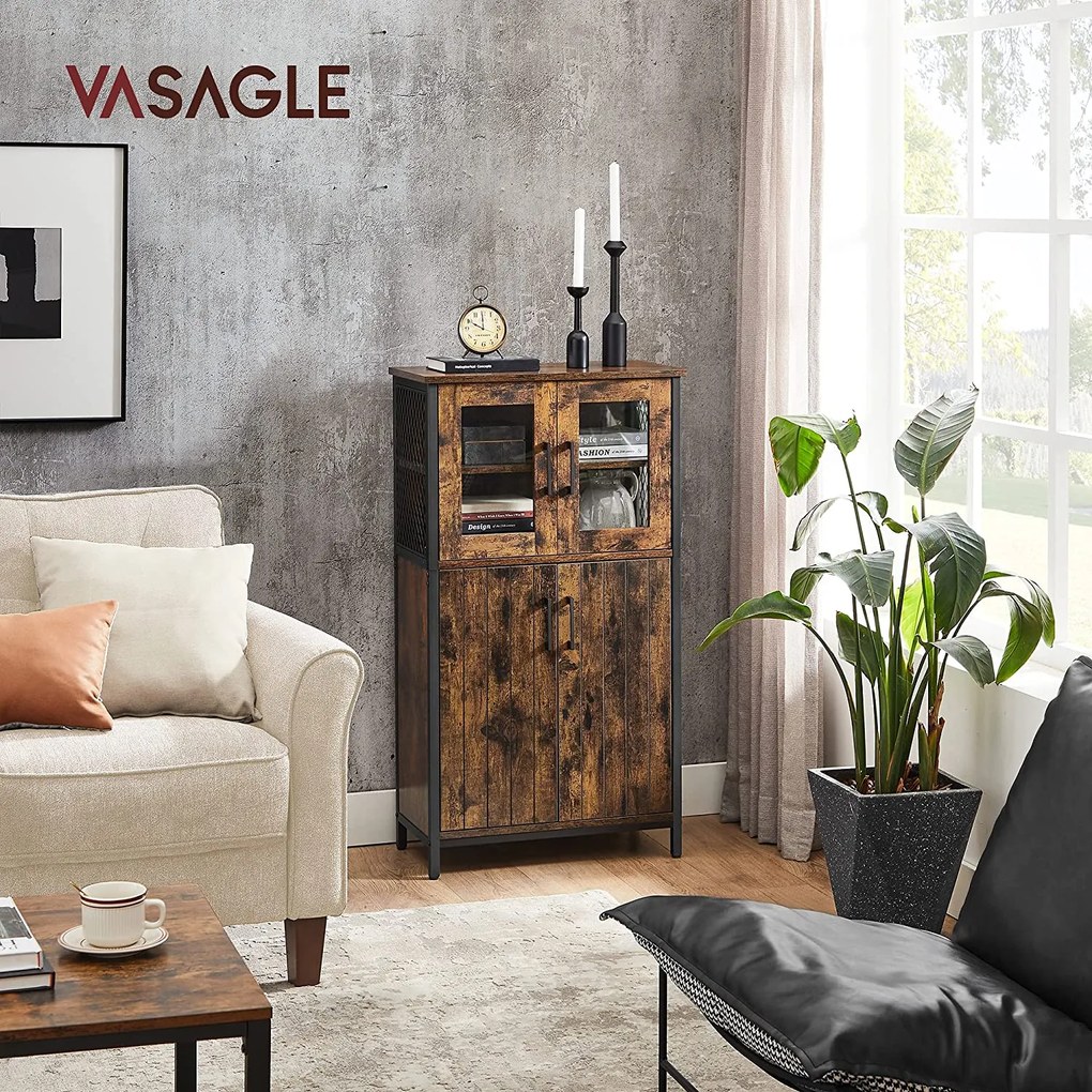 tárolószekrény, többcélú szekrény 60 x 108 x 30 cm, rusztikus barna és fekete