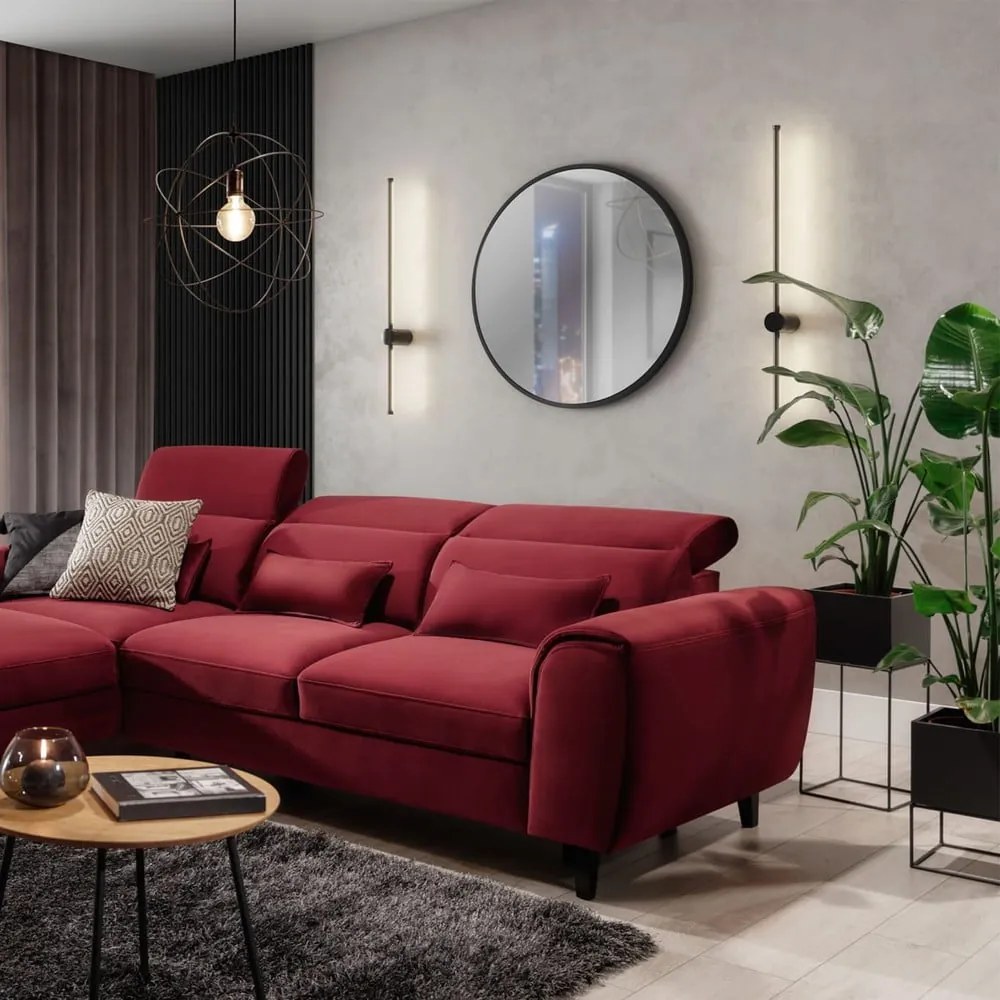 Piros bársony kinyitható-tárolóhelyes sarokkanapé (bal oldali-heverő résszel) Foble – ELTAP