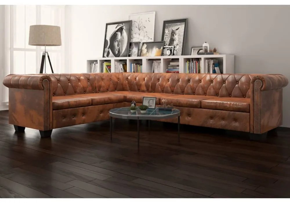 6 személyes barna műbőr Chesterfield sarok kanapé