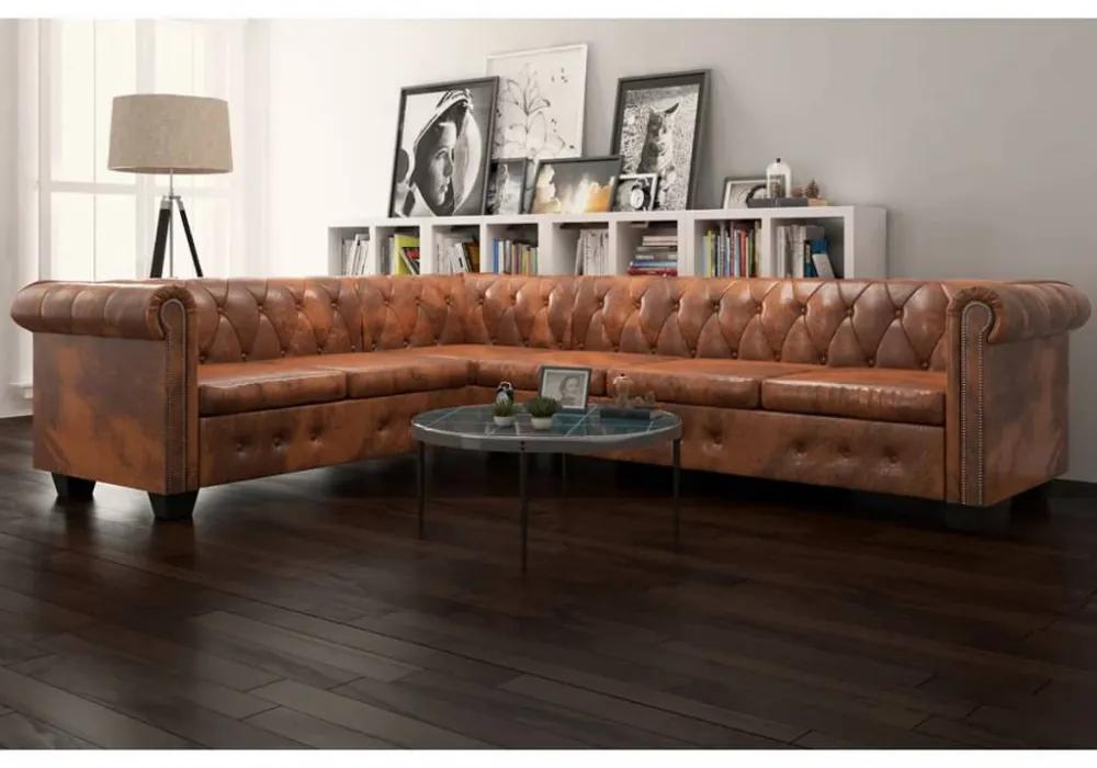 6 személyes barna műbőr chesterfield sarok kanapé