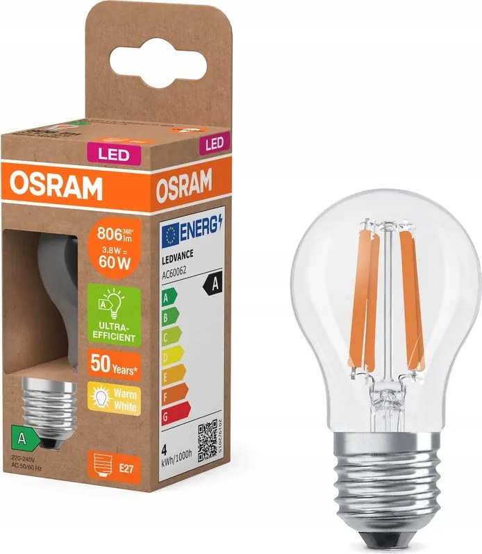 Led izzó P45 E27 3,8W 60W 806lm 2700K Filament 213lm/W A osztály Osram