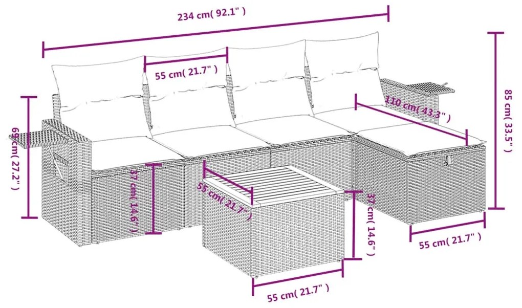 6 részes fekete polyrattan kerti ülőgarnitúra párnákkal