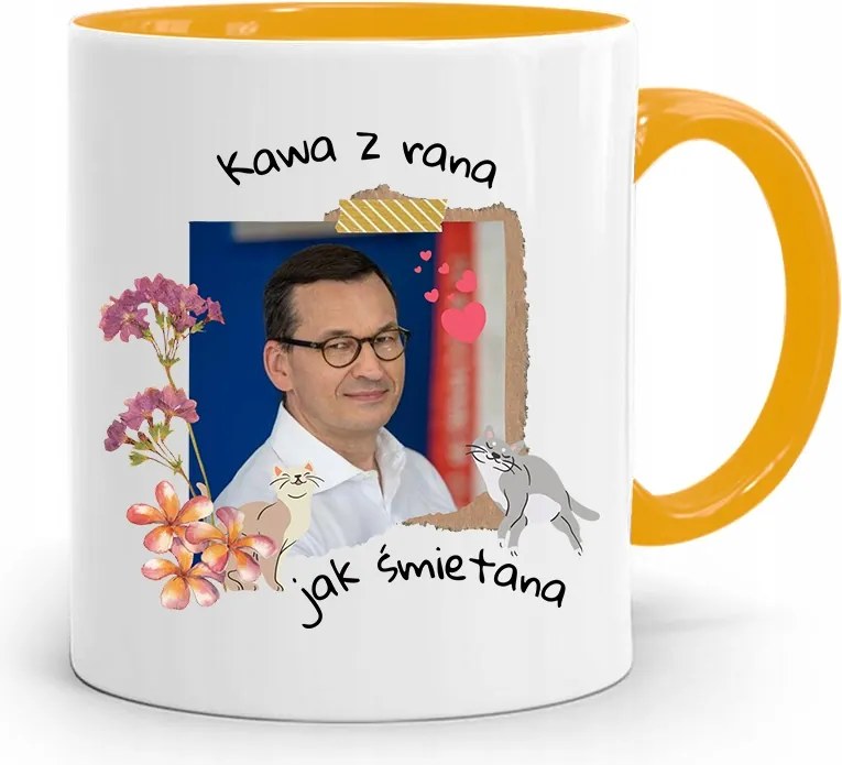 Sárga Politikus Bögre Mateusz Morawiecki Miniszterelnök fényképes nyomtatással