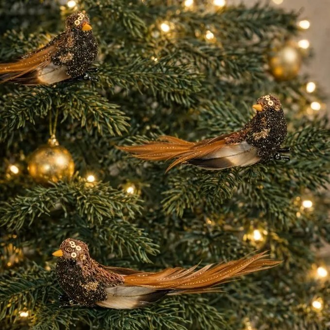 Madárkészlet klipszel, fekete/barna, 3 db