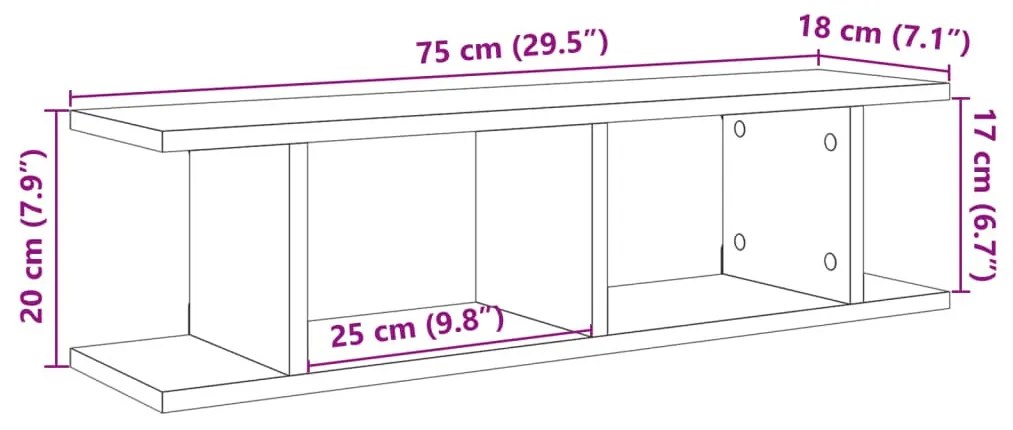 2 db antik fa színű szerelt fa fali polc 75 x 18 x 20 cm