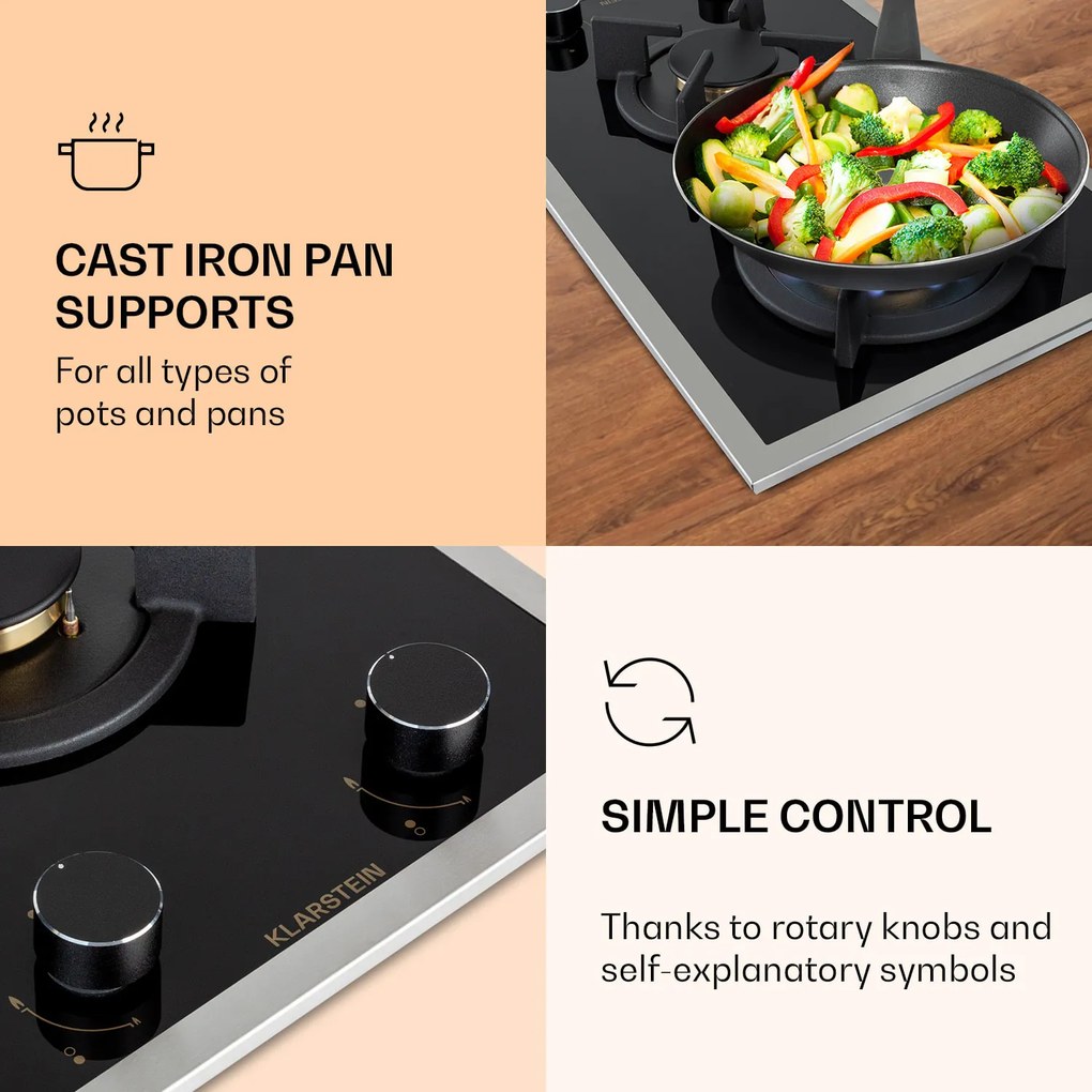 Klarstein Goldflame 2, gázfőzőlap, 2 Messing égő, üvegkerámia