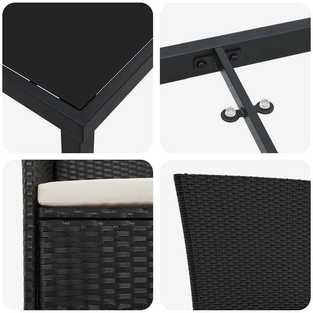 Kert étkező szett párnával 3 pcs Fekete Poli rattan