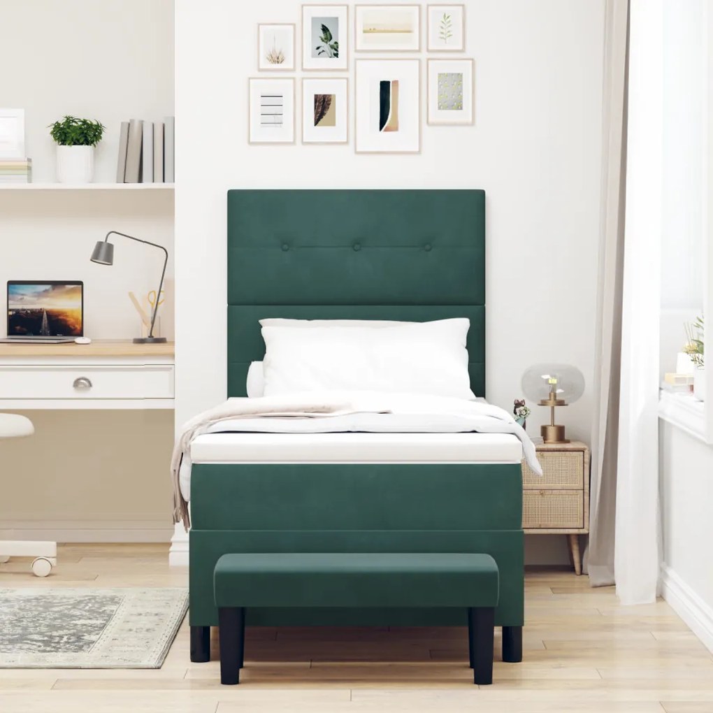 Box Spring Ágy Matraccal & Pad Sötét Zöld 90x190 cm Bársony