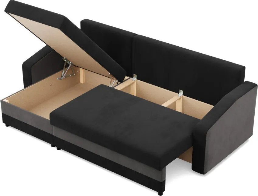 Hewlet sarokkanapé, 2 ágyneműtartóval, szövet anyag, univerzális oldal, hab töltet, fekete - szürke