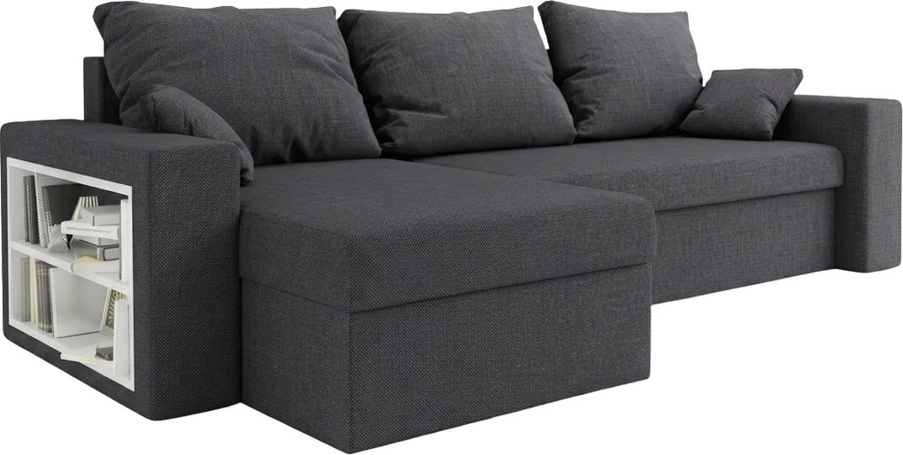 Kinyitható kétoldalas L alakú ülőgarnitúra NORIX 240x140 cm, sötétszürke polccal + 2 párnát INGYEN